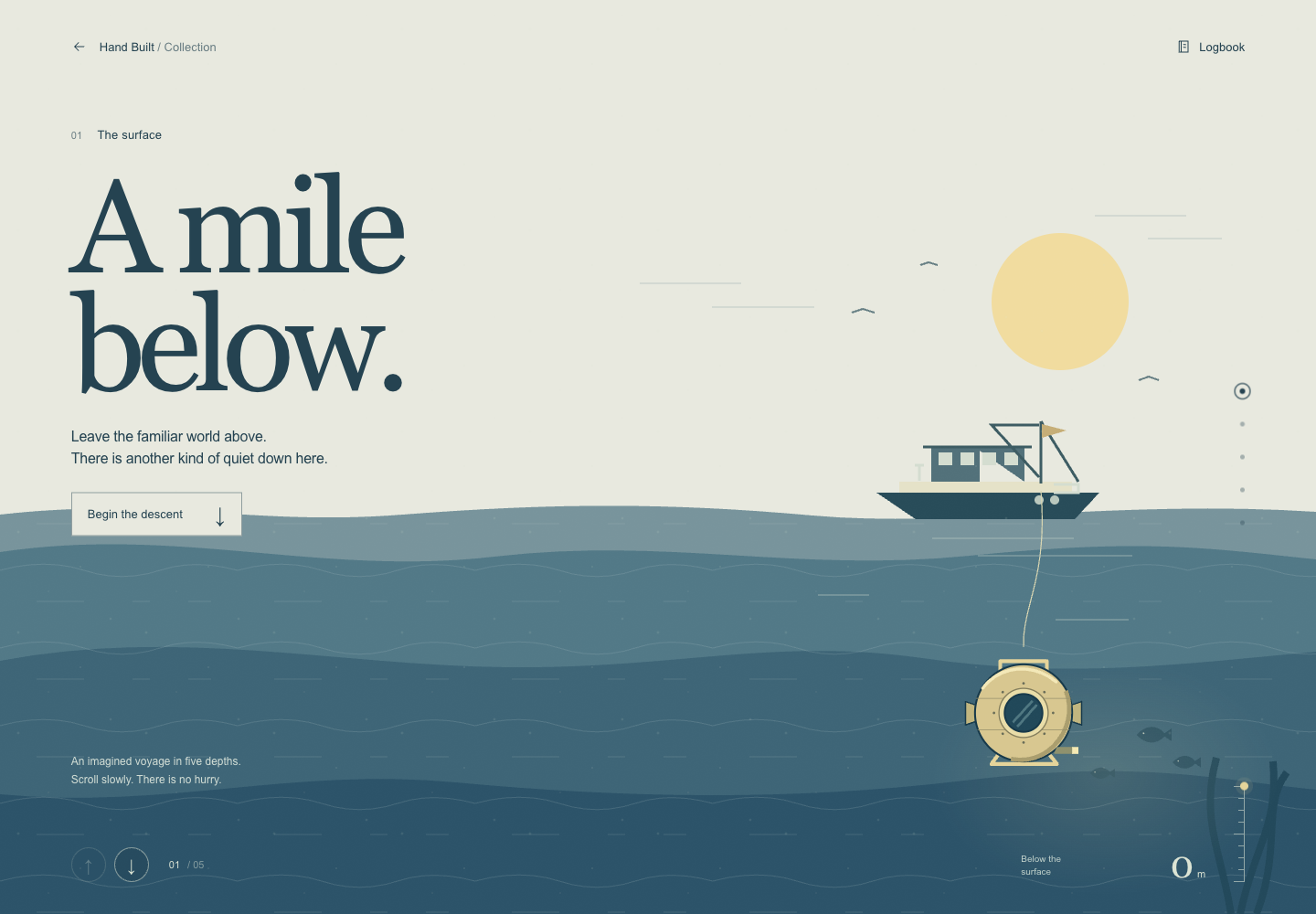 An illustrated ocean with a suspended brass diving bell